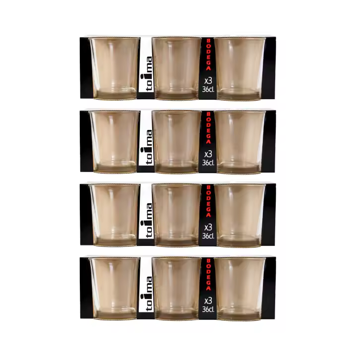 Toima. 12 Vasos - Resistentes, Transparentes y Duraderos, 36cl. Juego de Vasos, Set de 4 Packs de 3 Vasos de vidrio para Agua y Otras Bebidas. Aptos para Lavavajillas. Con diseño tradicional y práctico, - 1