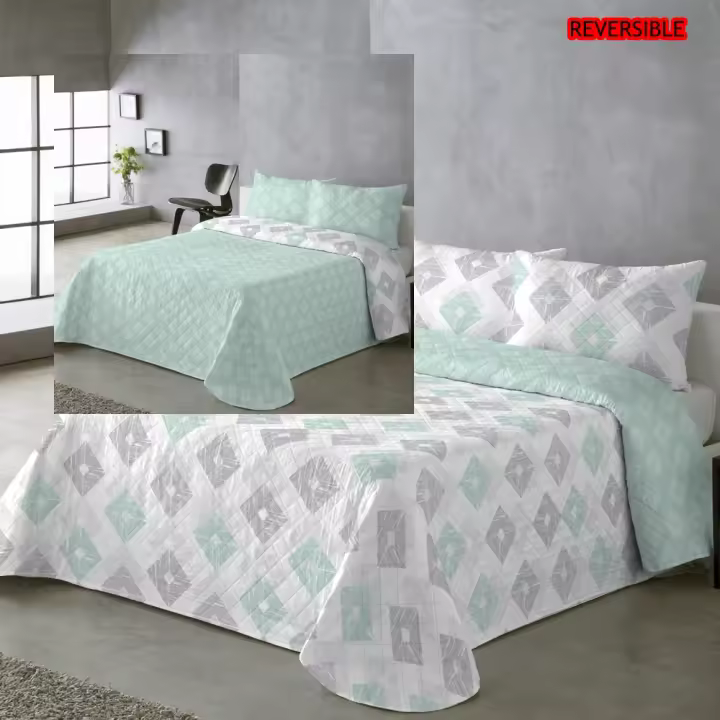 Moda Textil Colcha Bouti Primavera Verano Reversible Color Aqua Mod.Rombos Cama 90 ,105,135 y 150  Ligeras y Suaves Incluye fundas de cojín - 1