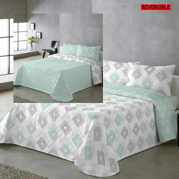 Moda Textil Colcha Bouti Primavera Verano Reversible Color Aqua Mod.Rombos Cama 90 ,105,135 y 150  Ligeras y Suaves Incluye fundas de cojín - 1