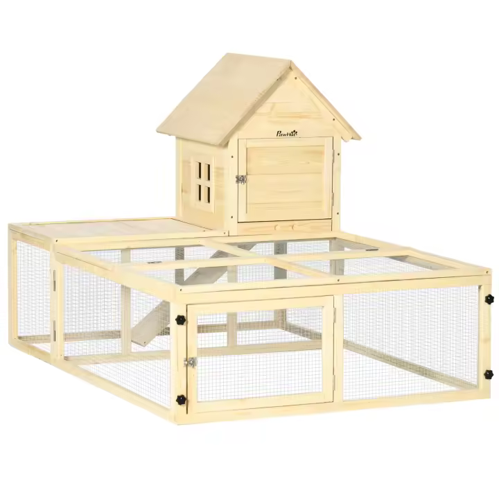 PawHut Conejera de madera para mascotas, de 2 niveles, con rampa para correr y puertas con cerradura, 60 x 42 x 38 pulgadas - 1