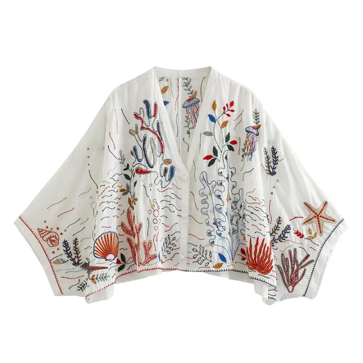 New 2024  Women Vintage Oversize Embroidered Blouse Shirt Batwing Sleeve V Neck Female Boho Tops ropa de mujer - 1