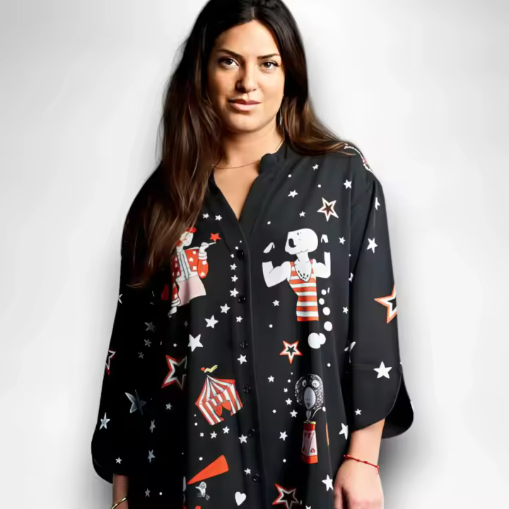 Vestido Reina de la Pista Anabel Lee - Camisero Oversize con Estampado Circo - 1