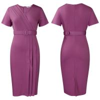 Vestido Elegante Para Oficina Para Mujer Con Cuello En V Manga Corta Cinturón Ajustado Recto Midi Formal Ropa De Negocios Para Mujer - details 42