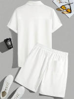 Conjunto De Camiseta Y Shorts Para Hombre Estilo Casual Textura Sólida Colorido Moda Verano Cierre De Botón Pantalones Cortos - details 3