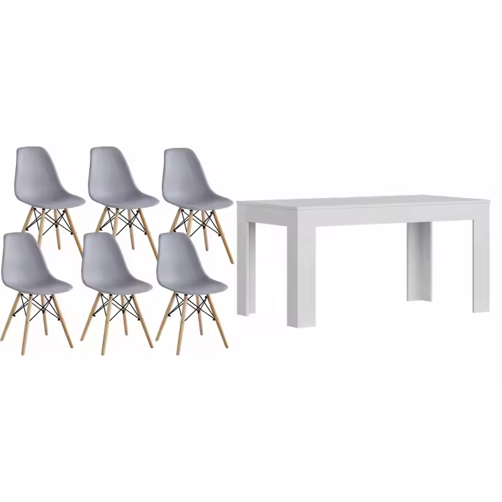 Mesa de Comedor o Cocina Blanco + 6 Sillas Estilo Nordico Gris - 1