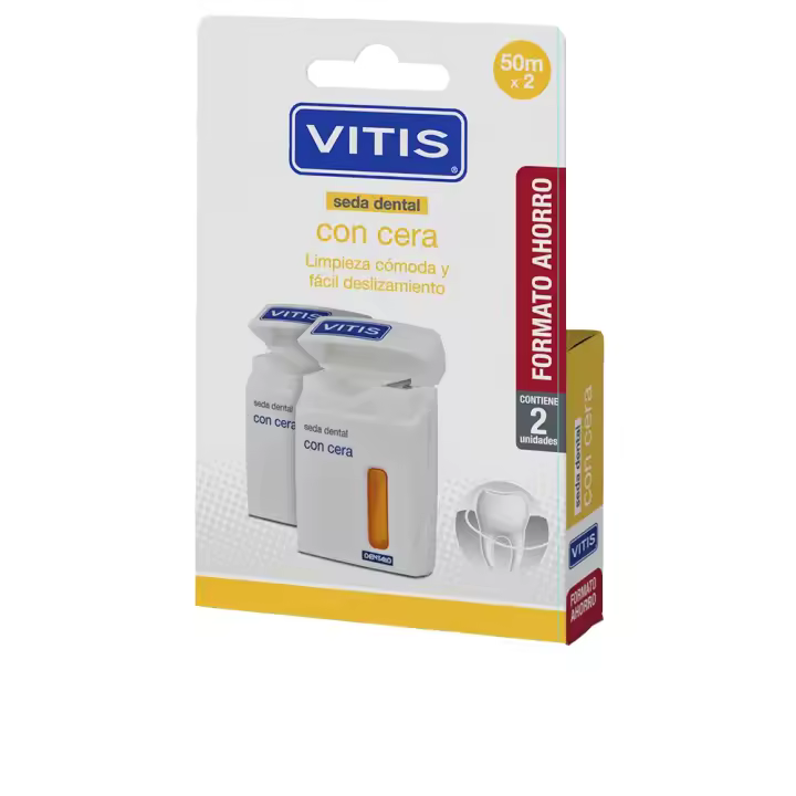 Vitis - Seda dental con cera PACK SEDA CON CERA 2 UNIDADES para uso interproximal, previene placa bacteriana, gingivitis y caries, ideal para adquirir el hábito diario de limpieza bucal - 1