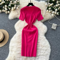 Vestido Tejido REALEFT 2025 Para Mujer Verano Cuello En V Corto Manga Metálico Botones Cintura Alta A-Line Longitud Media - details 5