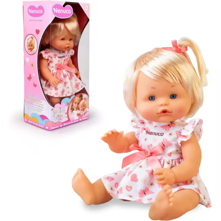 Nenuco Spring Dress, Muñeco Bebé de 35 cm, Cuerpo Duro con Pelo, Bebe Vestido con un Precioso Vestido Primaveral de Mariposas, Puede Beber y Hacer Pipí, Incluye 1 Lacito, +3 años (Famosa NFNC0000) - 1
