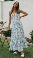 Vestido Maxi Bohemio De Verano Para Mujer En Chiffon Floral Sin Mangas Cuello En V A-Line Largo Con Espalda Descubierta Y Volante - details 2