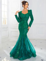 Vestido De Noche Maxi Con Encaje Y Lentejuelas Fishtail Elegante De Organza Patchwork Con Manga Larga V-Neck Verde Azul Formal Para Mujer - details 5