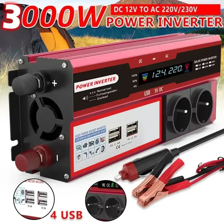 4000W 3000W Inversor de Corriente DC 12V a AC 220V 230V Transformador con 4 USB EU Toma de Carga con Pantalla LED para RV Teléfono Coche, - 1