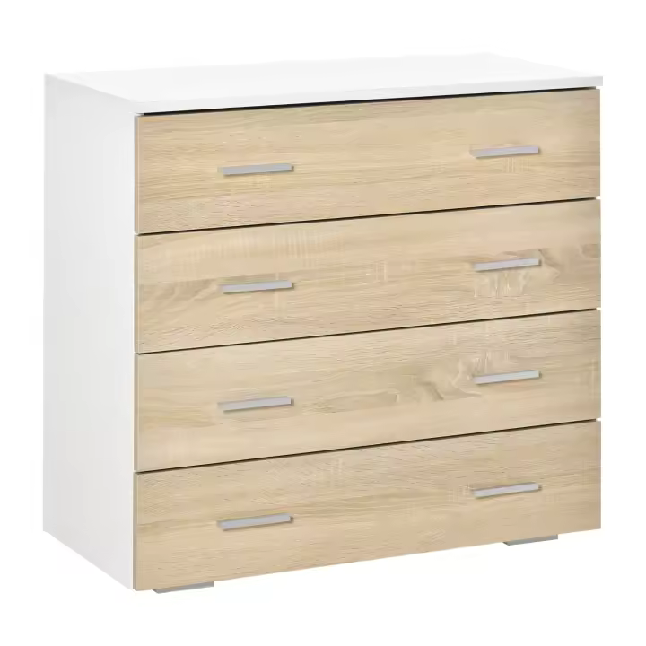 HOMCOM Cómoda con 4 Cajones Cajonera Auxiliar de Almacenaje Moderna para Dormitorio Pasillo Sala de Estar 76x35x72 cm Acabado en Color Roble y Blanco - 1