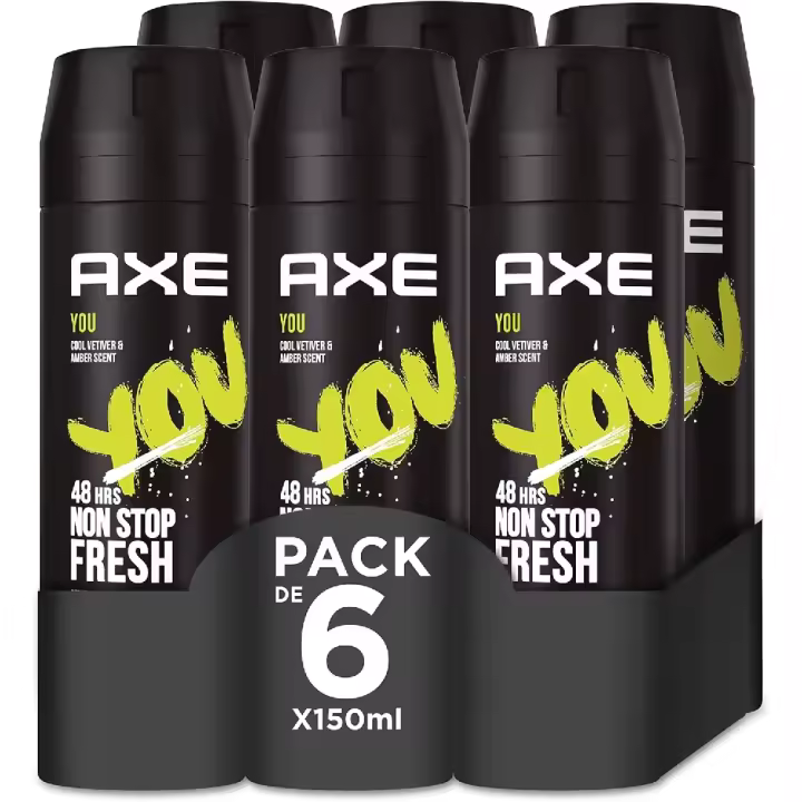 Axe Desodorante para Hombre Bodyspray YOU 150ml (Pack de 6) - Tecnología Dual Action, Fórmula sin aluminio, Componente antiolor Zinc Complex 6, Huele irresistible a canela especiada y madera de ambar durante 48 horas - 1