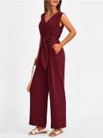 Traje De Mujer Elegante Y Moderno De Color Sólido Con Cuello En V Y Pierna Ancha Sin Mangas Traje De Verano Para Mujer - details 4