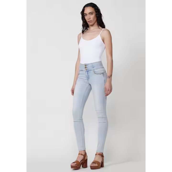 Koroshi - Pantalón vaquero mujer skinny push up tiro alto tipo corset con tachas en bolsillos delanteros, 70% algodón 29% poliéster 1% elastano, azul claro - 1