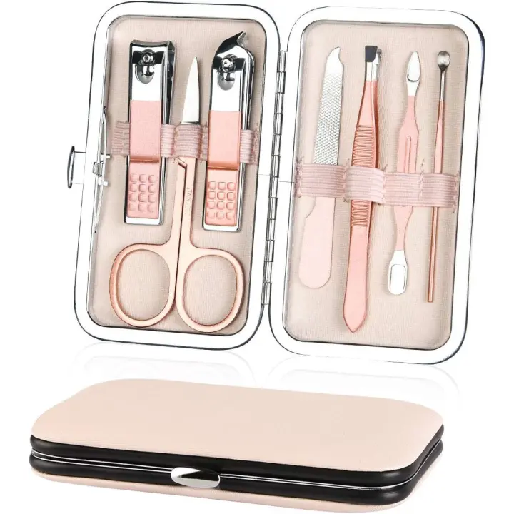 Set de manicura Profesional, 7 cortaúñas portátiles y kit de cuido de Cejas, herramientas de Maple inoxidable para el cuido de las uñas con lujo estuche de cuero. - 1
