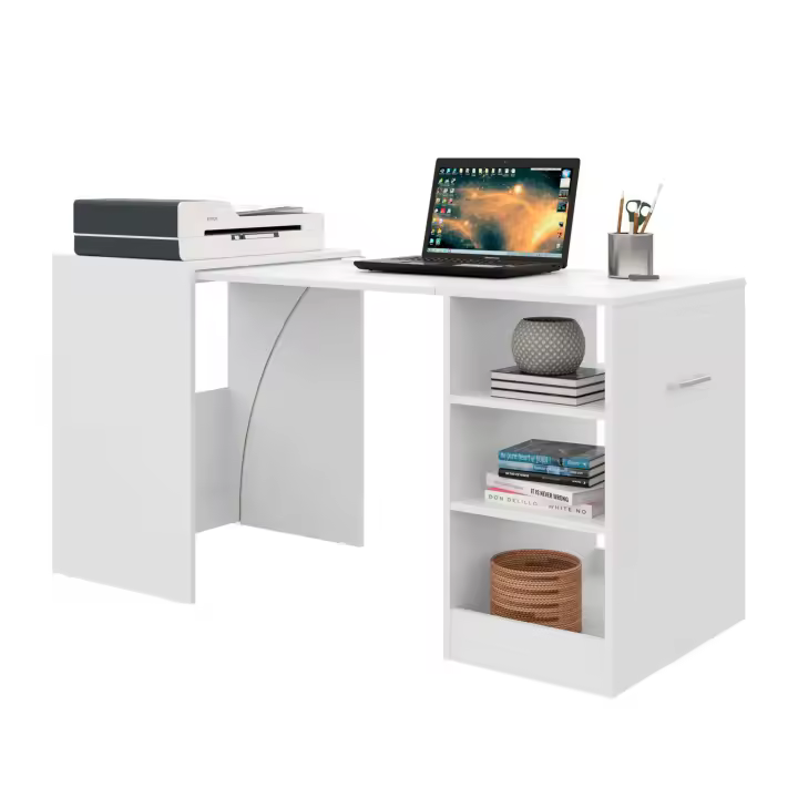 Mesa Escritorio Ashe de Oficina en color Blanco con 3 Estantes Retráctil en Melamina 149x76x63 cm - 1