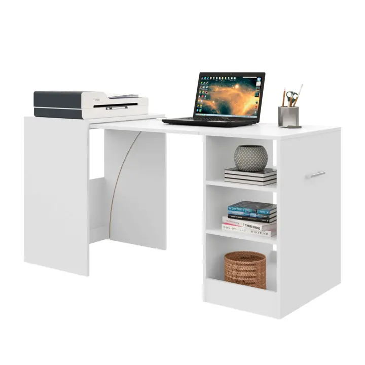 Mesa Escritorio Ashe de Oficina en color Blanco con 3 Estantes Retráctil en Melamina 149x76x63 cm - 1