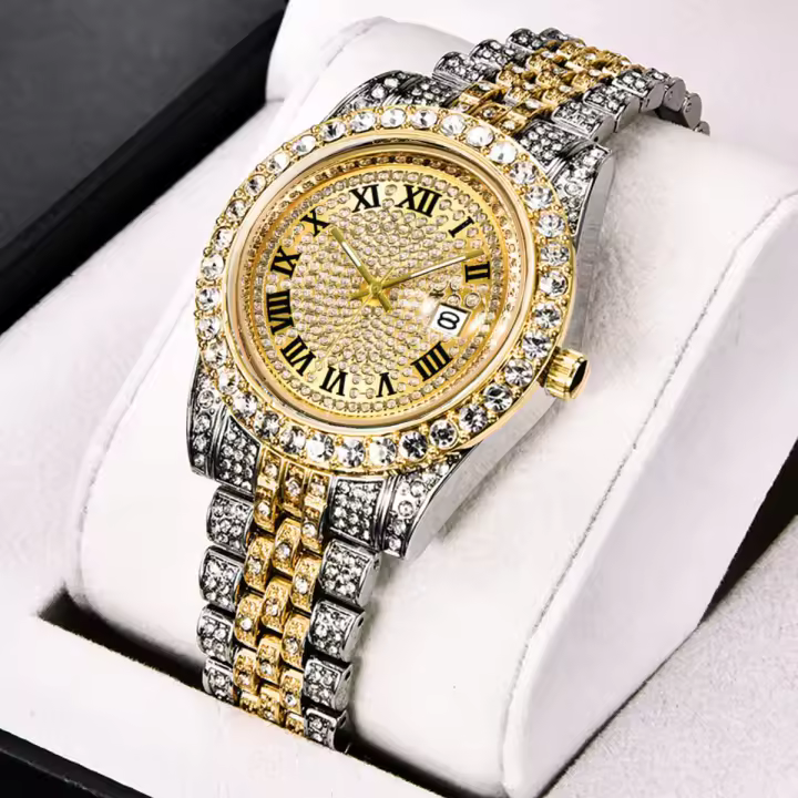 Reloj De Cuarzo Para Hombre Con Diamantes Y Calendario Estelar Moda Nueva Correa De Acero Y Metal Gold Reloj De Pulsera Casual - 1