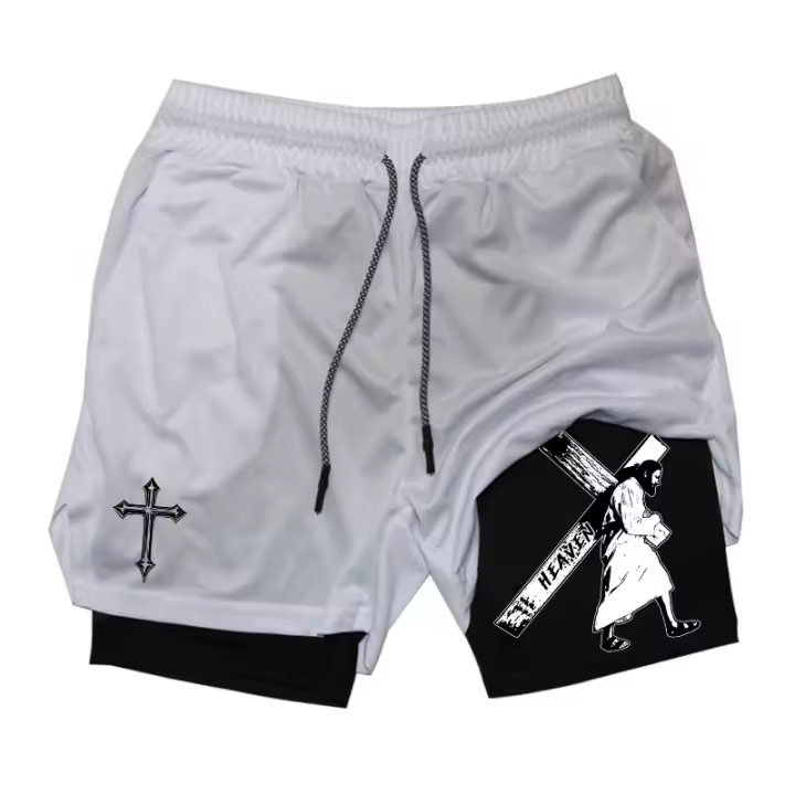 Shorts De Entrenamiento Para Hombre Con Estampado De Cruz Ángel 2 En 1 Secado Rápido Bolsillo Para Teléfono Y Anillo De Toalla Activewear Para Gimnasio Y Correr - 1