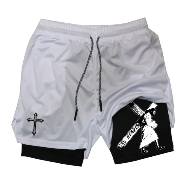 Shorts De Entrenamiento Para Hombre Con Estampado De Cruz Ángel 2 En 1 Secado Rápido Bolsillo Para Teléfono Y Anillo De Toalla Activewear Para Gimnasio Y Correr - 1