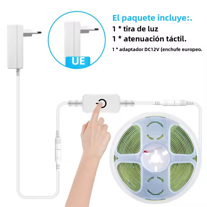 Tira De Luz LED COB 12V Toque Dimmable Adhesiva Flexible 8mm Ancho Fuente De Alimentación Con Suministro De Energía Para Decoración Del Hogar - 1
