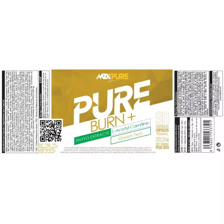 BURN+ by MTX PURE ™ [90CAP/926MG] COMPLEMENTO ALIMENTICIO A BASE DE EXTRACTOS VEGETALES, NARANJA  AMARGA [SINEFRINE 18MG / DOSIS] L-ACETIL CARNITINA [167MG / DOSIS] Y CAFEINA [19,24 MG / DOSIS] - 1