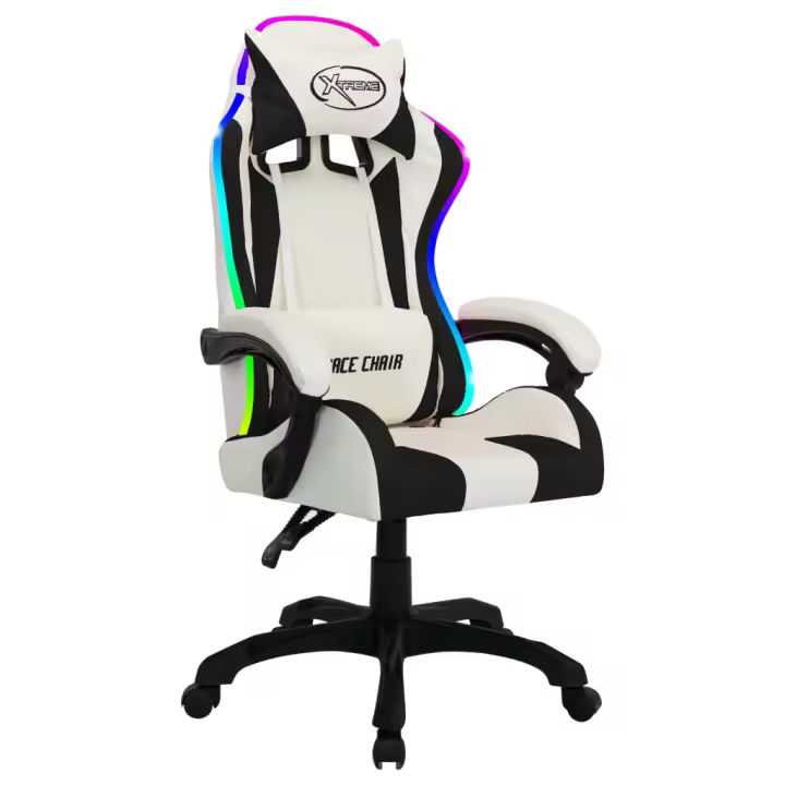 Silla Gaming con Lices RGB LED Cuero sintético Blanco y Negro - 1