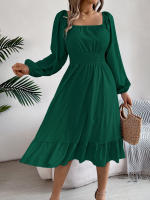 Vestido A-Line De Mujer Elegante Otoño Invierno Color Sólido Cuello Cuadrado Manga Larga Volantes Vestido Midi Casual Polyester Spandex - details 24
