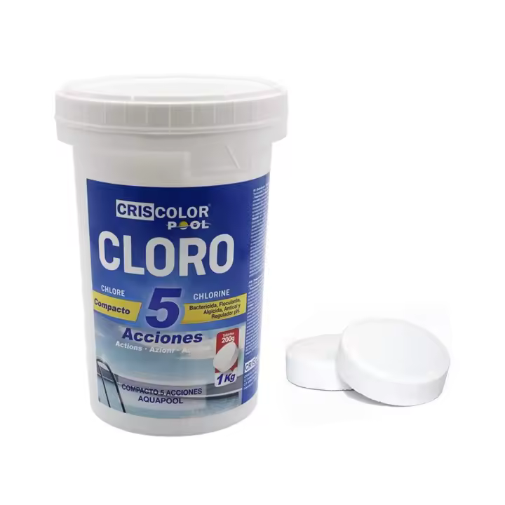 Cloro Compacto Piscina 5 Acciones y Pastillas de Cloro 5 Acciones de 200g Compactos (1kg) o Granulado- Bote de 1Kg y 2 Kg - 1