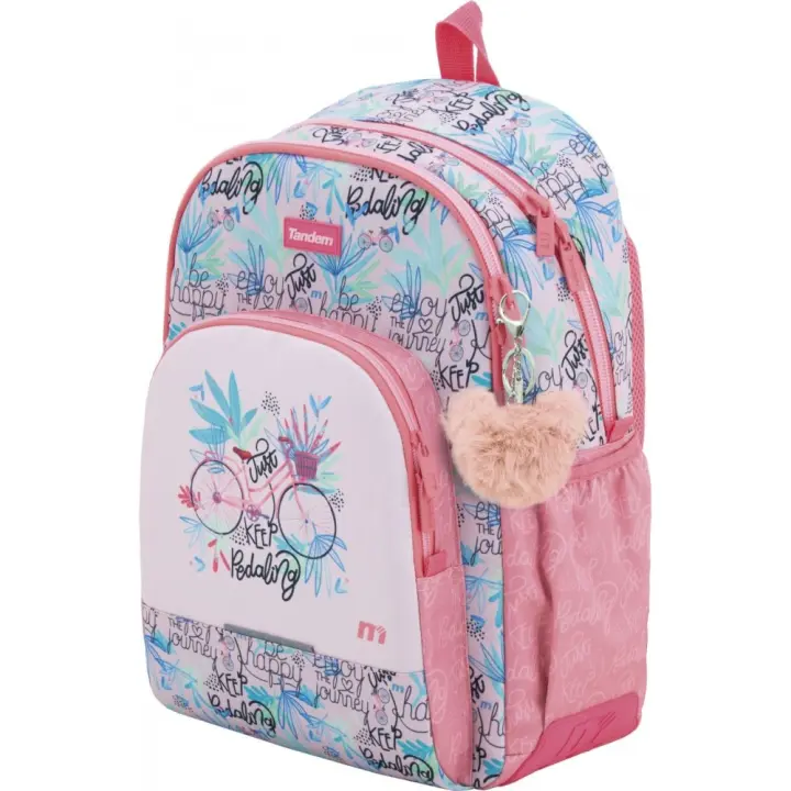 Mochila Escolar Tandem Cicle Rosa para Niñas, Dos Compartimentos, Espalda Acolchada, Bolsillos Delanteros y Cremallera Gruesa - 32x44x14 cm - 1