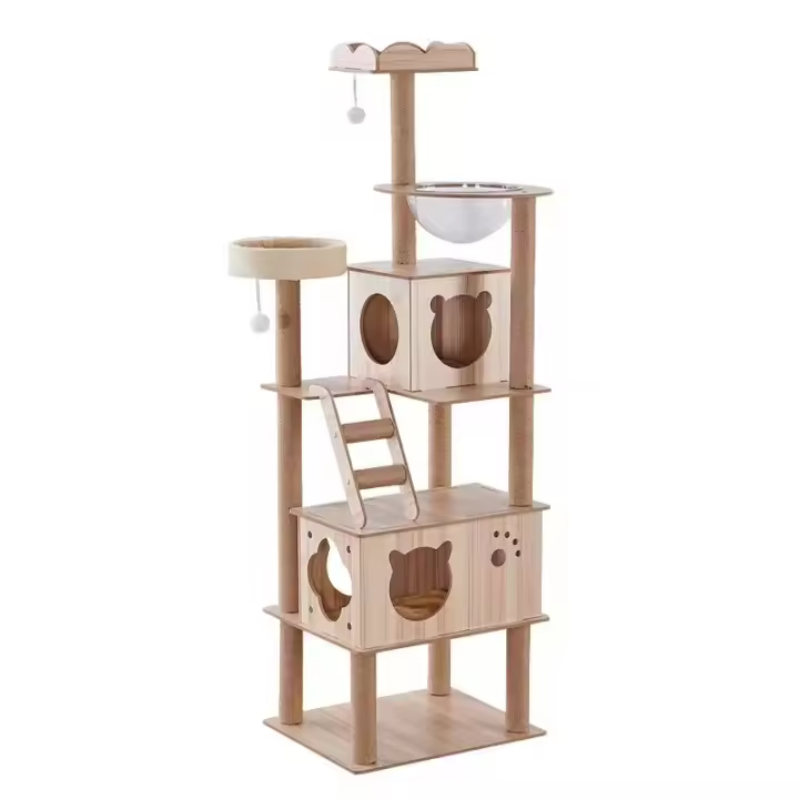 Árbol para Gatos, Torre Rascador para Gatos, 2 Casas de Madera, Plataformas Múltiples, con Juguete Colgante, Natural, 60CM*50CM*182CM - 1