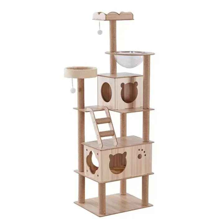 Árbol para Gatos, Torre Rascador para Gatos, 2 Casas de Madera, Plataformas Múltiples, con Juguete Colgante, Natural, 60CM*50CM*182CM - 1
