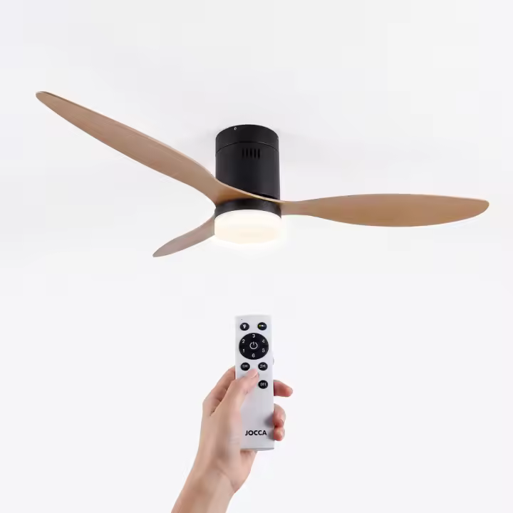 Ventilador de techo negro Jocca con 3 elegantes aspas con acabados de madera, 6 velocidades a seleccionar con giro inverso, una moderna lámpara integrada con 3 intensidades de luz, temporizador, mando a distancia y 40W de potencia - 1