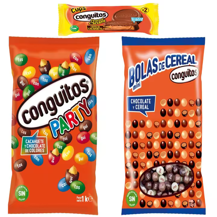 Pack Conguitos cups leche 34g,mini bolas cereal mix 1kg, party bolsa 1kg - 1