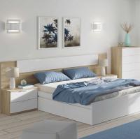 Meimon Conjunto ALAYA: Cabezal para cama de 150 cm en melamina TIPO E1 con acabado en Roble Canadian y Blanco Artik + 2 mesitas de 2 cajones c/u con guías metálicas, tiradores aluminio lacado, tacos ABS - details 3