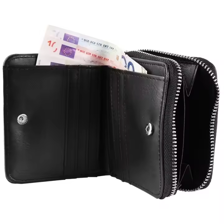 Cartera de mujer con cremallera,  imitación cuero, de color negro, formato 10/11 cm - 1