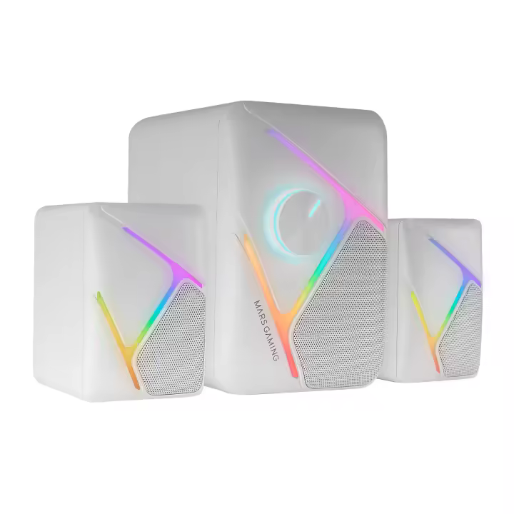Mars Gaming MS-H21, Altavoces Gaming RGB 2.1 y Subwoofer 35W, Sistema Drivers Invertidos 3D Surround, Altavoces Compactos con Iluminación Dinámica RGB, Alimentación USB y Conector Jack 3.5mm, Altavoces PC Negros o Blancos - 1