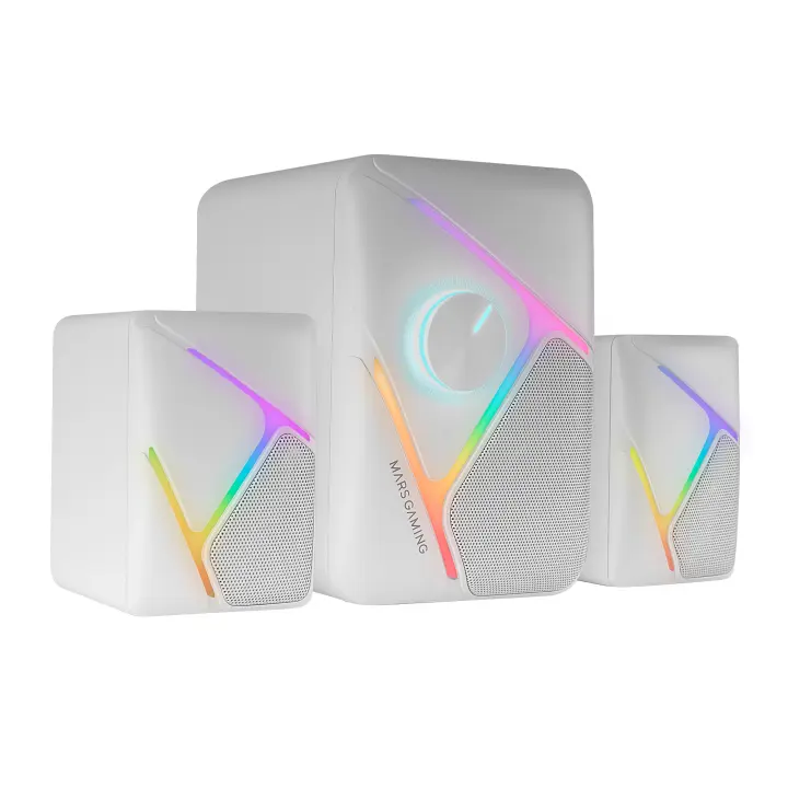 Mars Gaming MS-H21, Altavoces Gaming RGB 2.1 y Subwoofer 35W, Sistema Drivers Invertidos 3D Surround, Altavoces Compactos con Iluminación Dinámica RGB, Alimentación USB y Conector Jack 3.5mm, Altavoces PC Negros o Blancos - 1