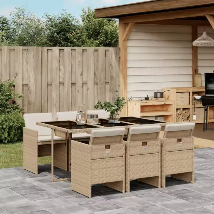 vidaXL Set comedor de jardín 7 pzas con cojines ratán sintético beige - 1