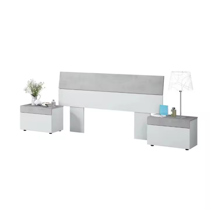 TEKKAN Cabezal para Cama 135/150 cm + 2 Mesitas de Noche con Cajón, Estructura de Tablero Melaminizado, Patas ABS Ocultas, Herraje Metálico para Fijación y Guías Correderas Extraíbles, Acabado en Blanco Artik y Cemento - 1