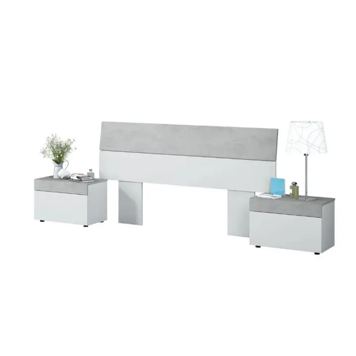 TEKKAN Cabezal para Cama 135/150 cm + 2 Mesitas de Noche con Cajón, Estructura de Tablero Melaminizado, Patas ABS Ocultas, Herraje Metálico para Fijación y Guías Correderas Extraíbles, Acabado en Blanco Artik y Cemento - 1