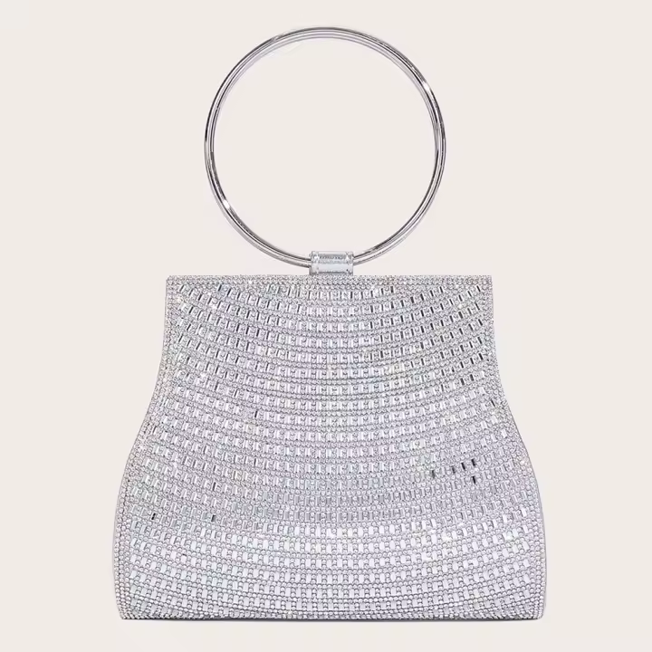 Bolso de banquete brillante hecho a mano con diamantes, bolso de boda, bolso de hombro con cadena plateada para mujer - 1