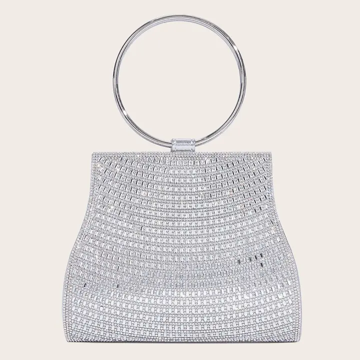 Bolso de banquete brillante hecho a mano con diamantes, bolso de boda, bolso de hombro con cadena plateada para mujer - 1