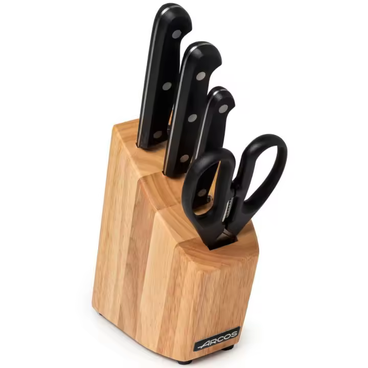 ARCOS Universal - Set de 3 Cuchillos de Cocina (100, 150 & 175 mm) + Tijeras + Taco para Cuchillos - Hoja de Acero Inoxidable Nitrum® - Mango Negro de Polioximetileno (POM) - Estuche Regalo - 1