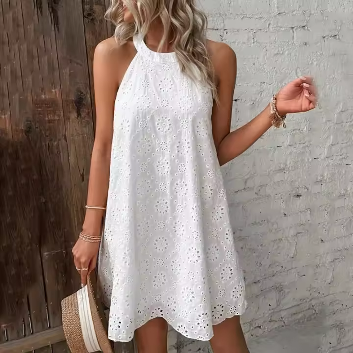 Vestido Vintage Floral Sin Mangas Para Mujer Elegante Blanco A-Line Corto Verano Halter Sin Capucha Vestido Casual De Rodilla - 1