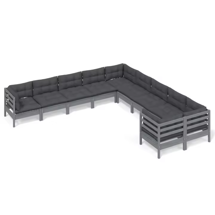 vidaXL Muebles de jardín 10 pzas y cojines madera de pino gris - 1
