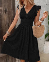 Vestido De Mujer Con Manga De Hoja De Loto Verano Cuello En V Bordado Rompepiés Midi A-Line Para Ocasiones Casuales - details 2