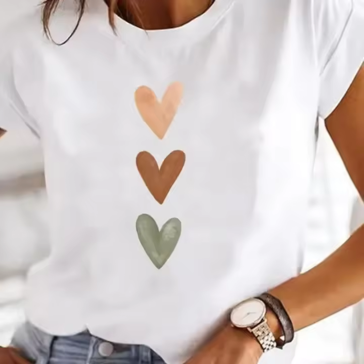 Camiseta De Verano Para Mujer Con Estampado De Corazón Y2K Estilo O-Neck Top Casual De La Decada De Los 90 Prenda Basic Knit Corta - 1