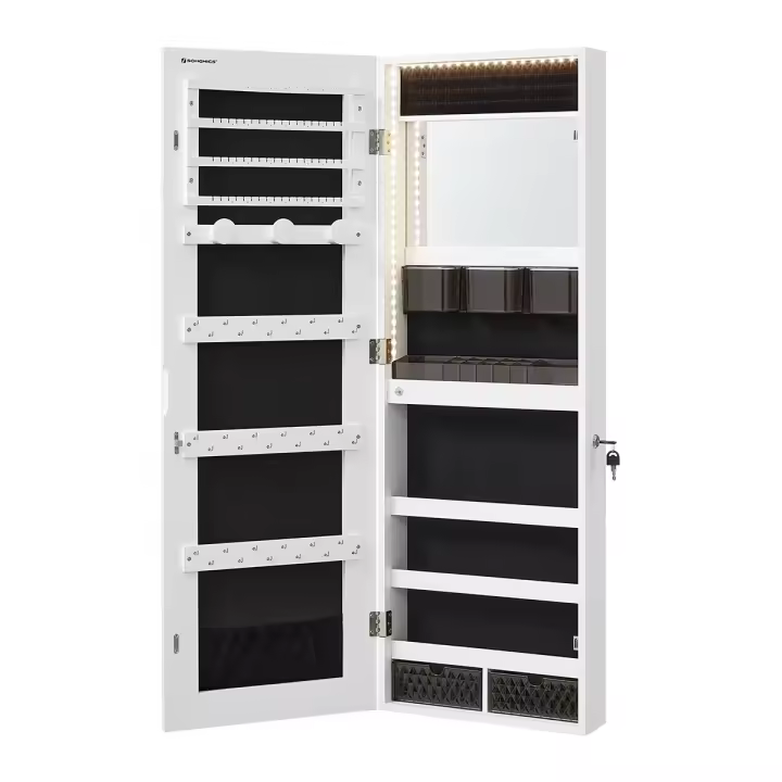 Espejo joyero de pared blanco con luces led, armario de almacenamiento bloqueable, sin marco, perfecto para maquillaje - 1
